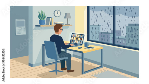 Digital Age Human Experience - Man Working From Home Alone on Video Call Flat Vector Illustration