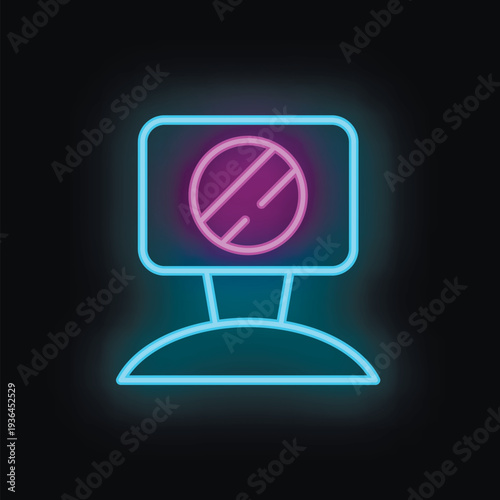 Neon computer icon with a blocked website symbol displayed on the screen, glowing in pink and blue against a dark background