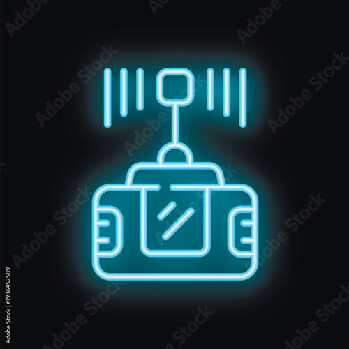 Blue neon icon of a cable car glowing on a dark background