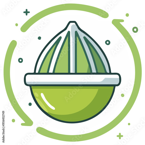 Vibrant Green Citrus Juicer Illustration with Refreshing Circular Arrow. Fresh Juice Preparation Kitchen Tool Icon.