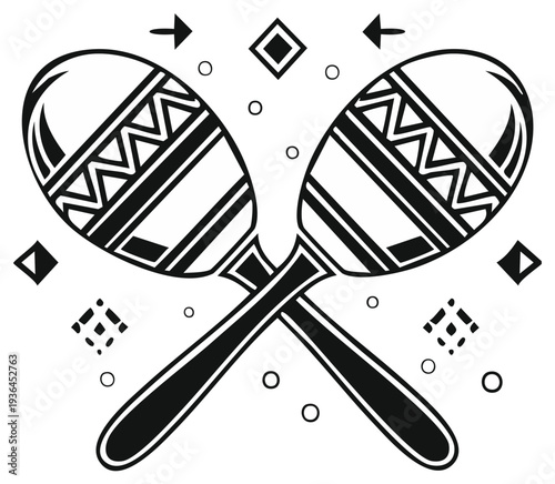 Two crossed maracas illustration with ethnic patterns isolated on white background as a vector graphic for cultural celebration.