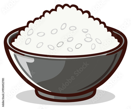 Freshly cooked white rice in a black bowl, nutritious and healthy meal concept