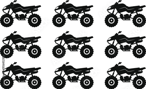 Set of black all terrain vehicle silhouettes featuring rugged quad bikes and four wheeler atv icons for off road adventure sports and motorsports design