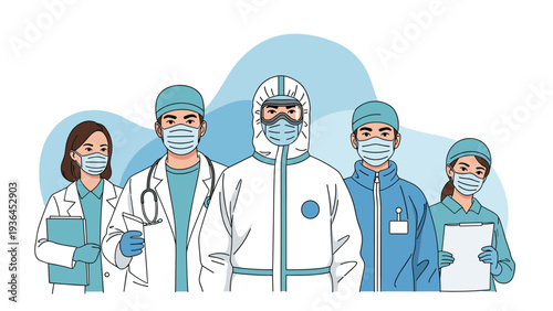 Dedicated team of diverse medical professionals including doctors and nurses wearing scrubs, white coats, masks, and protective suits.