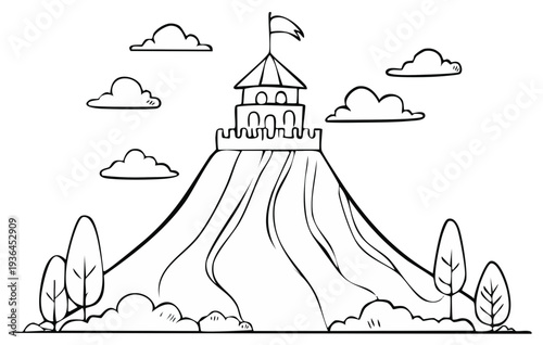 Whimsical Castle on a Hill with Clouds and Trees Hand Drawn Style