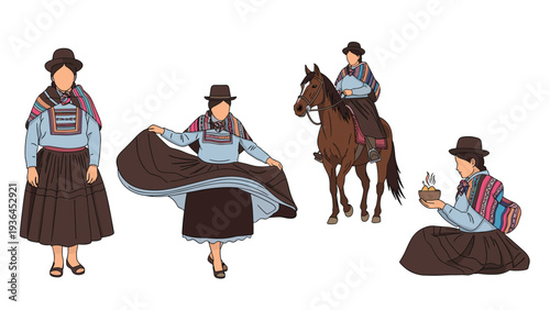 Collection of South American women in vibrant traditional clothing dancing, riding a horse, and holding a bowl of food.