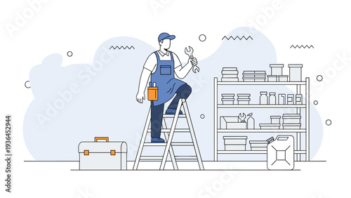 Professional mechanic standing on a ladder holding a wrench in a well-equipped workshop with shelves of spare parts.
