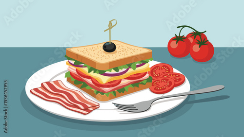 Delicious club sandwich served on a white plate with crispy bacon strips, fresh tomato slices, and a fork on a blue table.