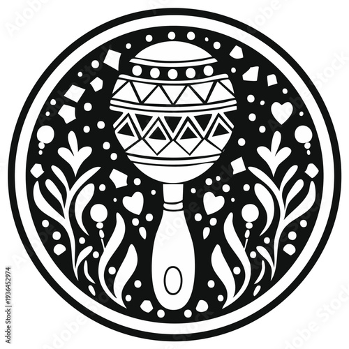 Mexican maraca in ornate circle design, black and white illustration, festive musical instrument, celebration artwork.