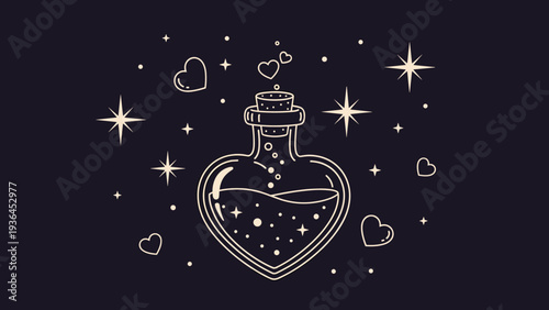 Magical heart-shaped glass bottle filled with a sparkling potion surrounded by glowing stars and tiny hearts on a dark background.