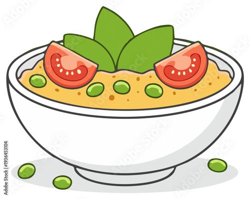 Wholesome bowl of porridge with fresh spinach and tomato slices