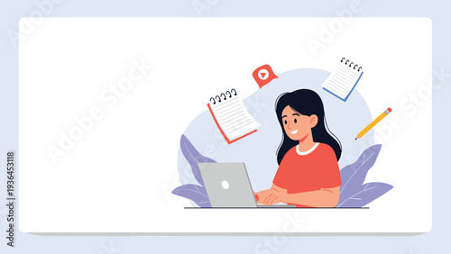 Cheerful young woman focused on her work using a laptop computer surrounded by notes, pencils, and media icons.