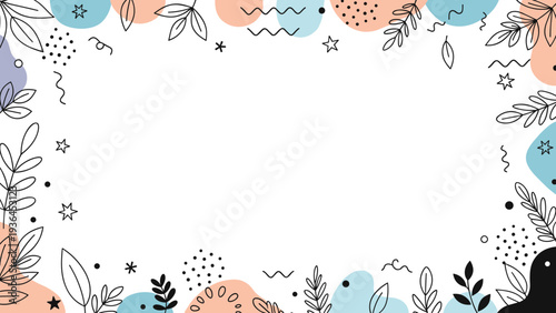 Creative abstract frame with black line art leaves, dots, and vibrant colored shapes on a white background for copy space.