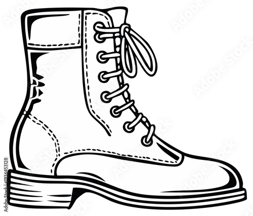 Illustration of a High Ankle Boot Laced Up, Black and White Drawing, Detailed Vector Graphic of Work Shoe with Laces