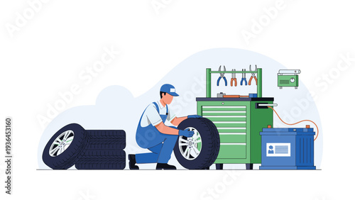 Skilled mechanic kneeling and working on a car tire in an auto repair shop with tools and a large blue battery nearby.
