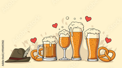 Oktoberfest celebration scene with various mugs and glasses of beer, traditional pretzels, and a green felt hat with a feather.