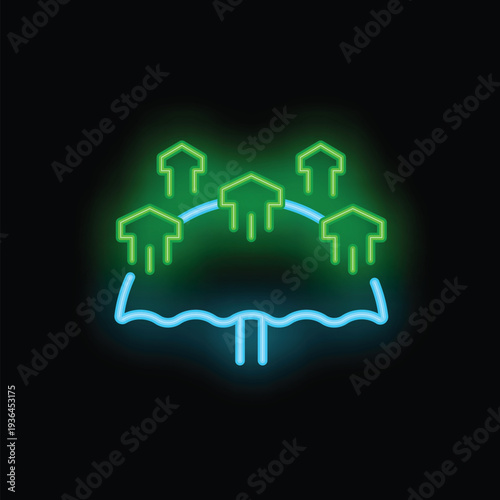 Neon sign illustrating the concept of insurance protecting houses, with an umbrella shielding them from rain