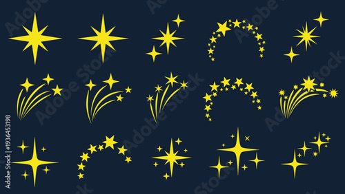 Bright set of yellow star sparkles, bursts, and twinkling light effects on a dark blue background representing a night sky.