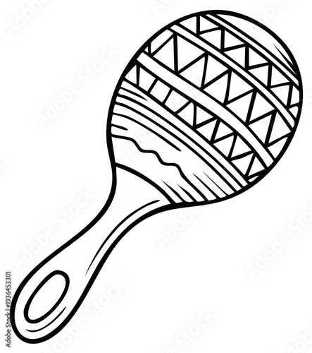 Hand-drawn line art illustration of a decorative maraca with geometric patterns and a handle