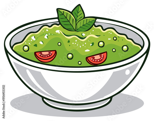 Bowl of fresh guacamole dip with tomato slices and basil leaves