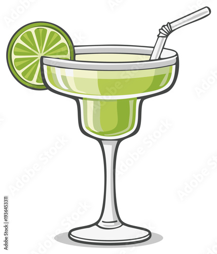 Green drink in a margarita glass with lime slice and straw cartoon illustration