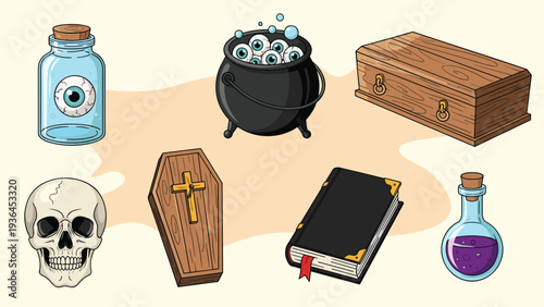 Collection of spooky Halloween objects including wooden coffins, a cauldron with eyeballs, a skull, a magic book, and a potion.