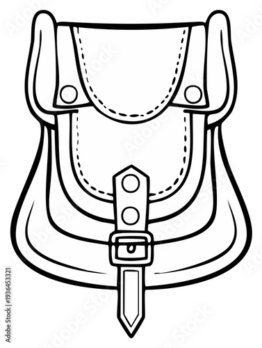 Outlined illustration of a vintage satchel bag with flap and buckle.