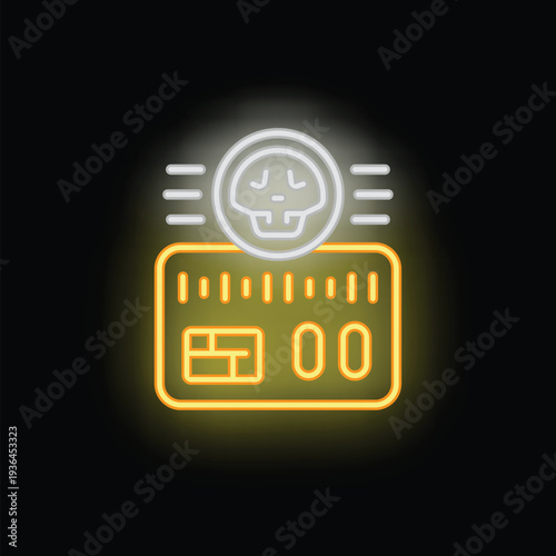 Neon sign representing credit card fraud with skull and lines on black background
