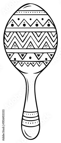Black and white graphic of a maraca with geometric tribal patterns and a simple handle.