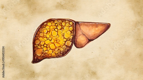 Detailed watercolor liver illustration shows fatty deposits in a soft organic medical art style