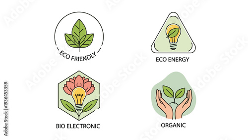 Set of green environment badges including eco friendly, eco energy, bio electronic, and organic product labels.