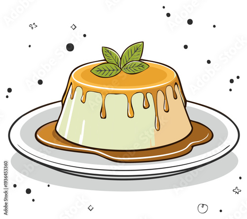 Delicious Panna Cotta Dessert Topped with Caramel Sauce and Mint Illustration, Sweet Italian Food served on a Plate