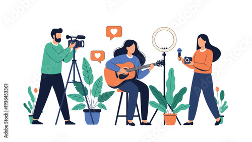 Team of content creators filming a woman playing an acoustic guitar using a professional camera, microphone, and ring light.