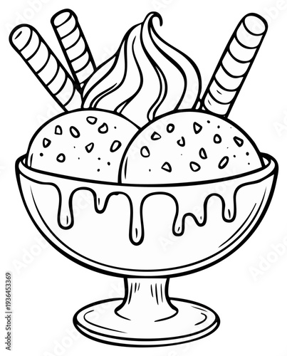 Delicious ice cream sundae with wafers, served in a glass bowl, black and white illustration