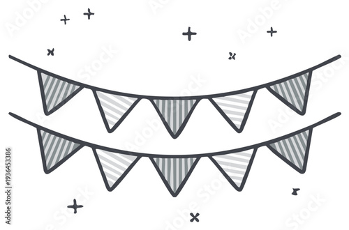 Hand drawn festive bunting flags strung together with small decorative crosses and dots above
