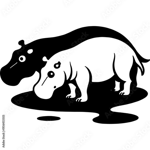 Baby hippos explore a muddy puddle. Engraving minimalistic vector in black ink drawing on transparent background