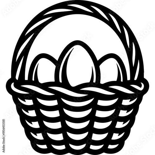 Easter basket with eggs outline, simple wicker design. Black and white vector with thick outlines isolated on white background