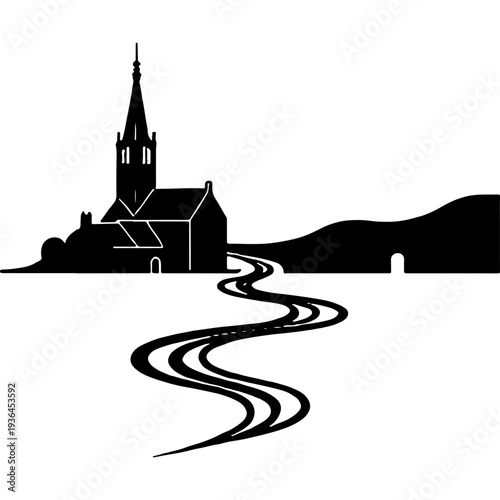 Road to the ancient church with a central tower spire. Engraving minimalistic vector in black ink drawing on transparent background