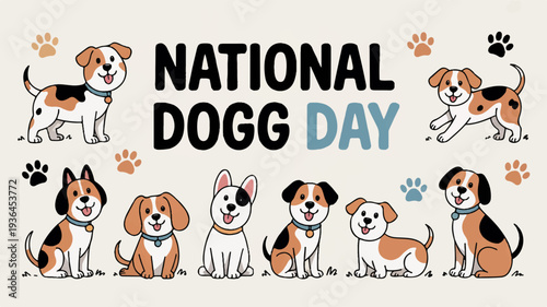 National dogg day celebration with diverse cartoon dogs and paw prints on beige background