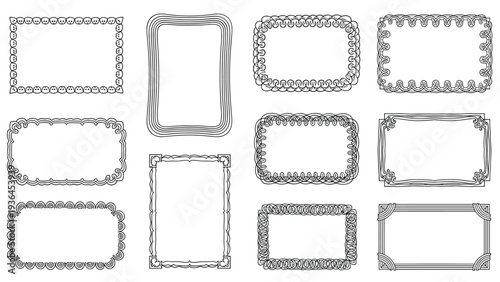 Extensive collection of twelve unique black and white decorative frames with intricate borders for photos, invitations, and graphic design projects.