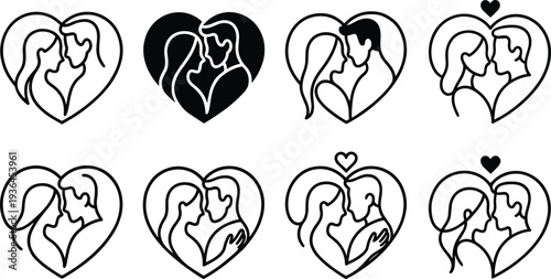 Set of romantic couple icons in heart shape frame featuring line art silhouettes of man and woman for wedding invitations Valentine Day and anniversary