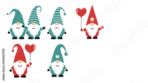 Collection of adorable festive gnomes wearing various tall pointed hats and holding red heart balloons for Christmas or Valentines Day decorations.