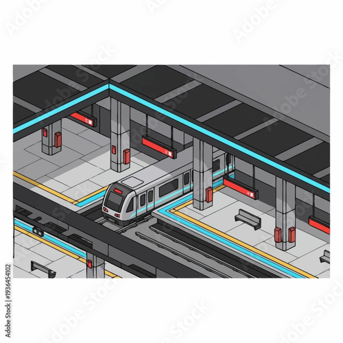 Modern Train Station with White Commuter Train.