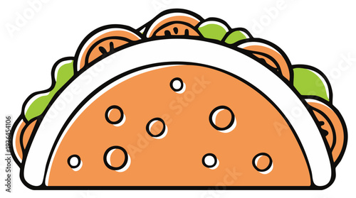 Colorful taco illustration with tomatoes, lettuce, and textured shell