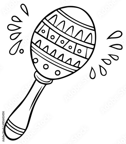 Black and white illustration of a maraca shaking with sound effects