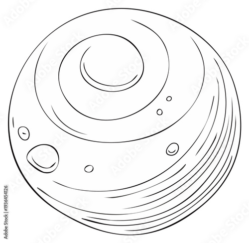 Stylized fantasy planet with a spiral swirl and craters line art illustration