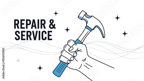 Strong hand holding a blue and white hammer against a white background with the text repair and service for construction and DIY themes.