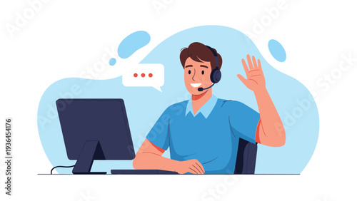 Friendly male customer service operator wearing a headset and waving while working at his computer in a clean and modern office environment.