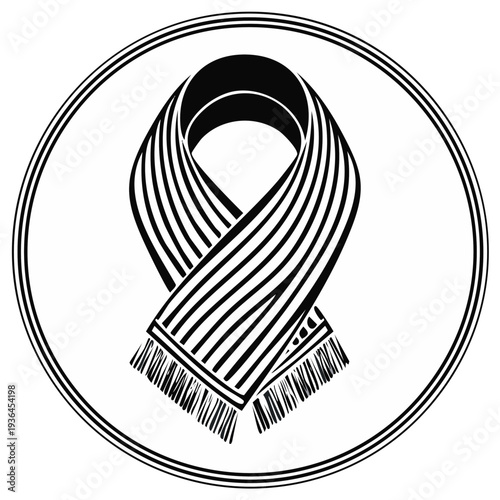 Stylized Striped Scarf Emblem with Fringe and Double Circle Border