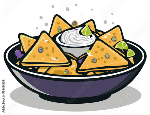 Crispy tortilla chips piled high in a bowl with creamy dip and lime slices for a flavorful snack